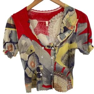 Moth Anthropologie Knit Top Womens XS Red Artsy Whimsical Puff Sleeve Cotton